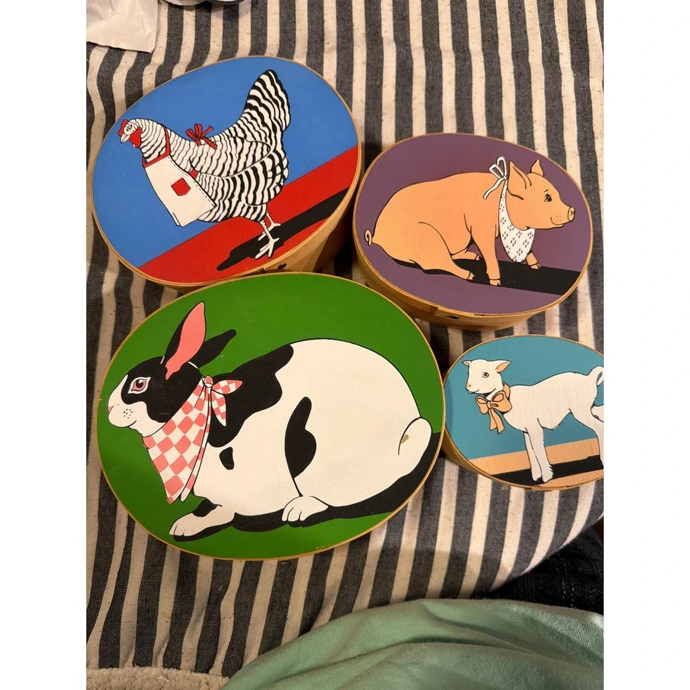 4pc Farm Animal Nesting Oval Bentwood Boxes Chicken Pig Rabbit Lamb Folk Art